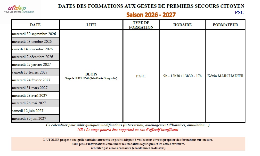 Calendrier PSC UFOLEP 41 - Sept. 2026 à Juin 2027 Calendrier PSC UFOLEP 41 - Sept. 2026 à Juin 2027