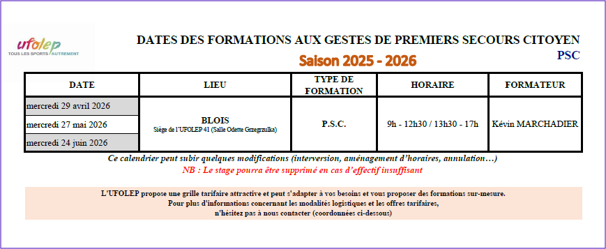 Calendrier PSC UFOLEP 41 - Avril à Juin 2026 Calendrier PSC UFOLEP 41 - Avril à Juin 2026