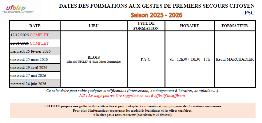 Calendrier PSC UFOLEP 41 - Décembre 2025 à Juin 2026 Calendrier PSC UFOLEP 41 - Décembre 2025 à Juin 2026