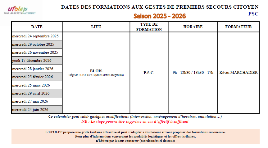 Calendrier PSC UFOLEP 41 - Septembre 2024 à Juin 2026 Calendrier PSC UFOLEP 41 - Septembre 2024 à Juin 2026