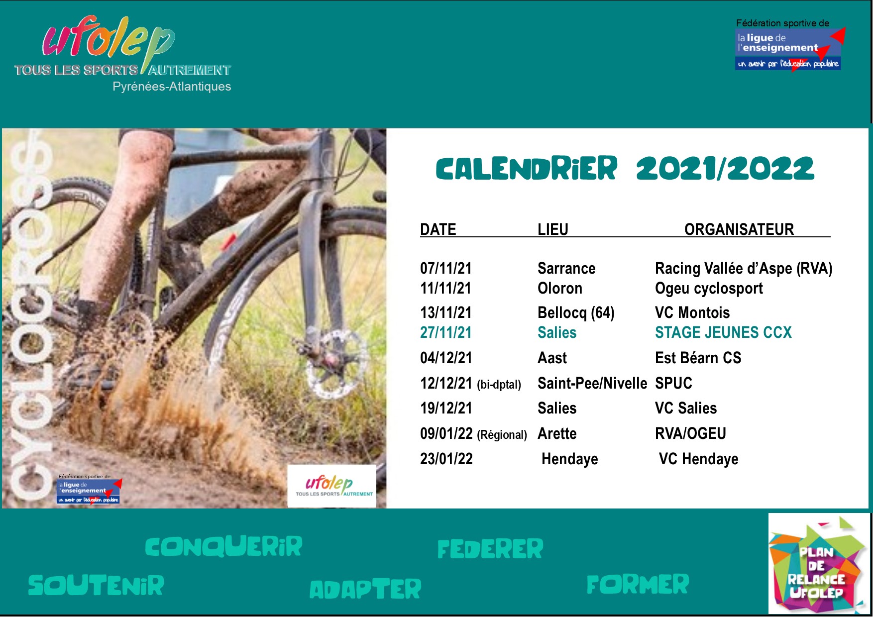Calendrier Cyclotourisme Ufolep 2023 Ufolep - Pyrénées-Atlantiques : - Saison Cyclo-Cross 2021/2022